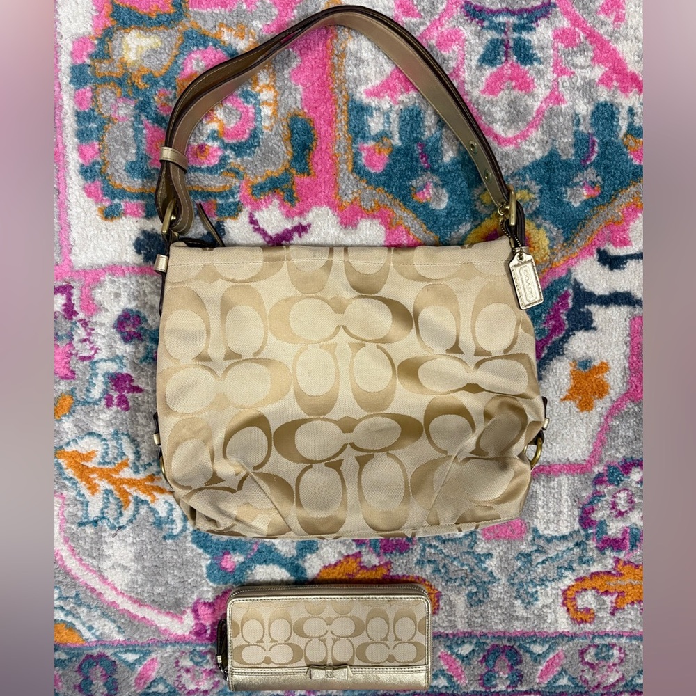 Coach Beige Signature Gold Shoulder Bag